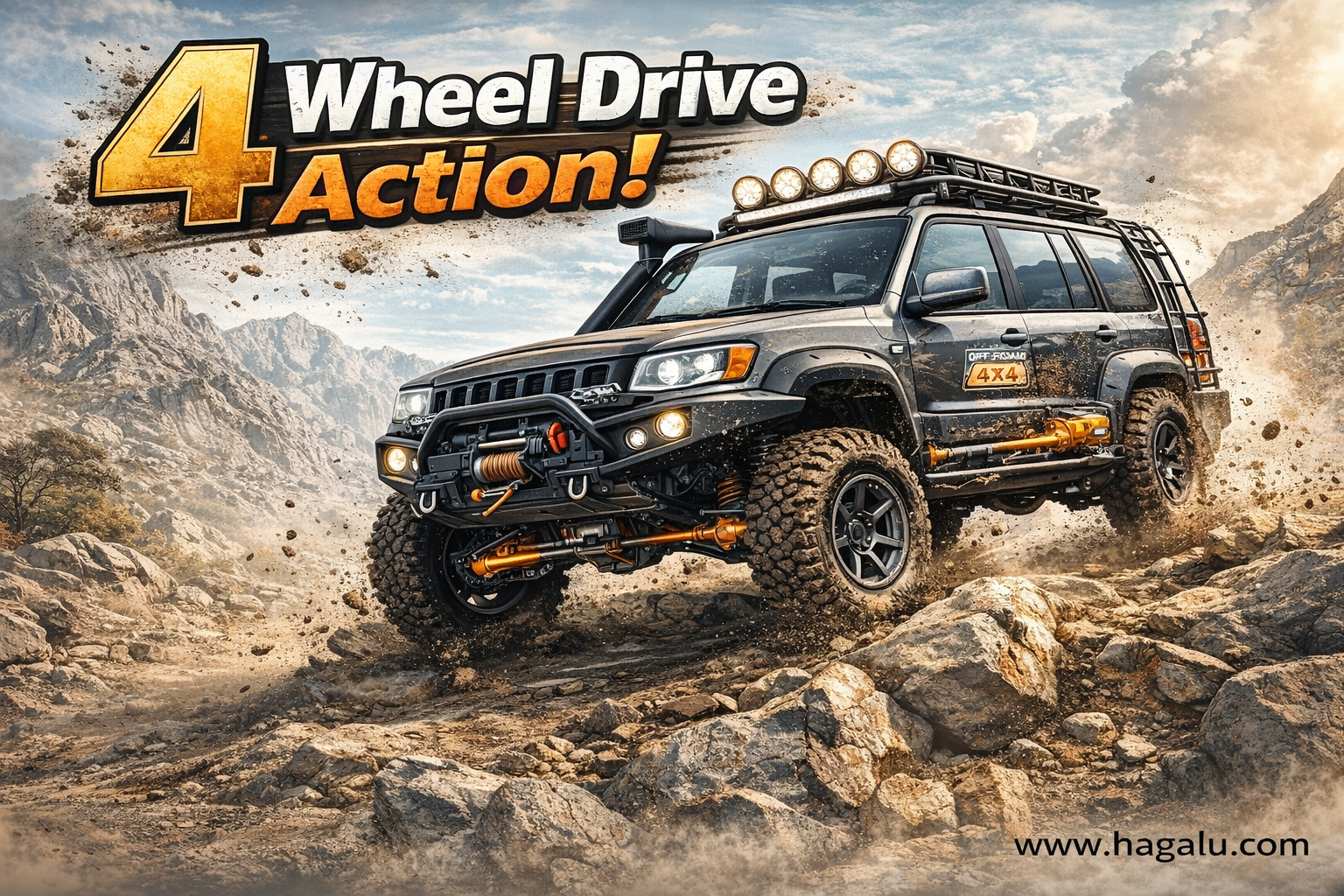 4x4 SUV tackling rocky off-road terrain demonstrating four-wheel drive capability