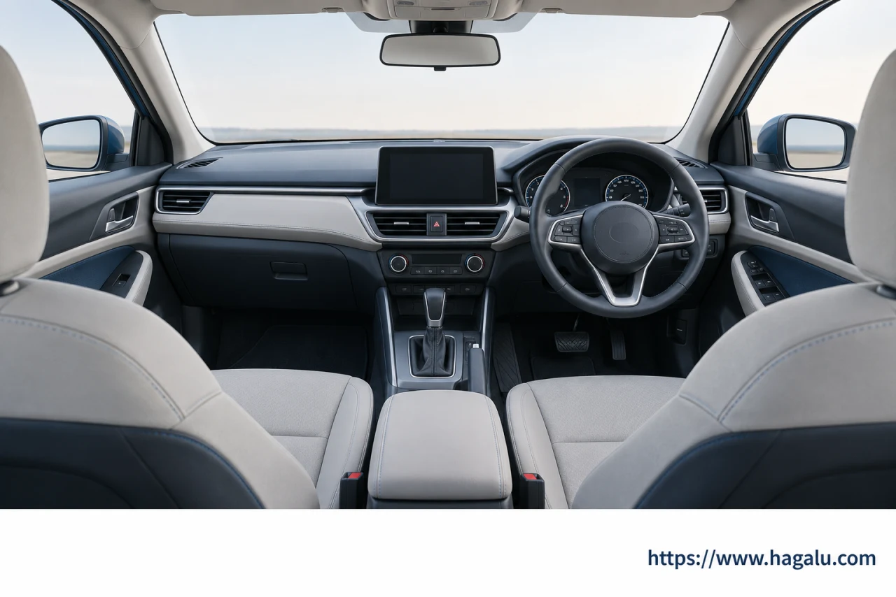 Right-hand-drive cabin showing front seats, dashboard, vents and driver sightlines. Simplified Hagalu educational illustration.