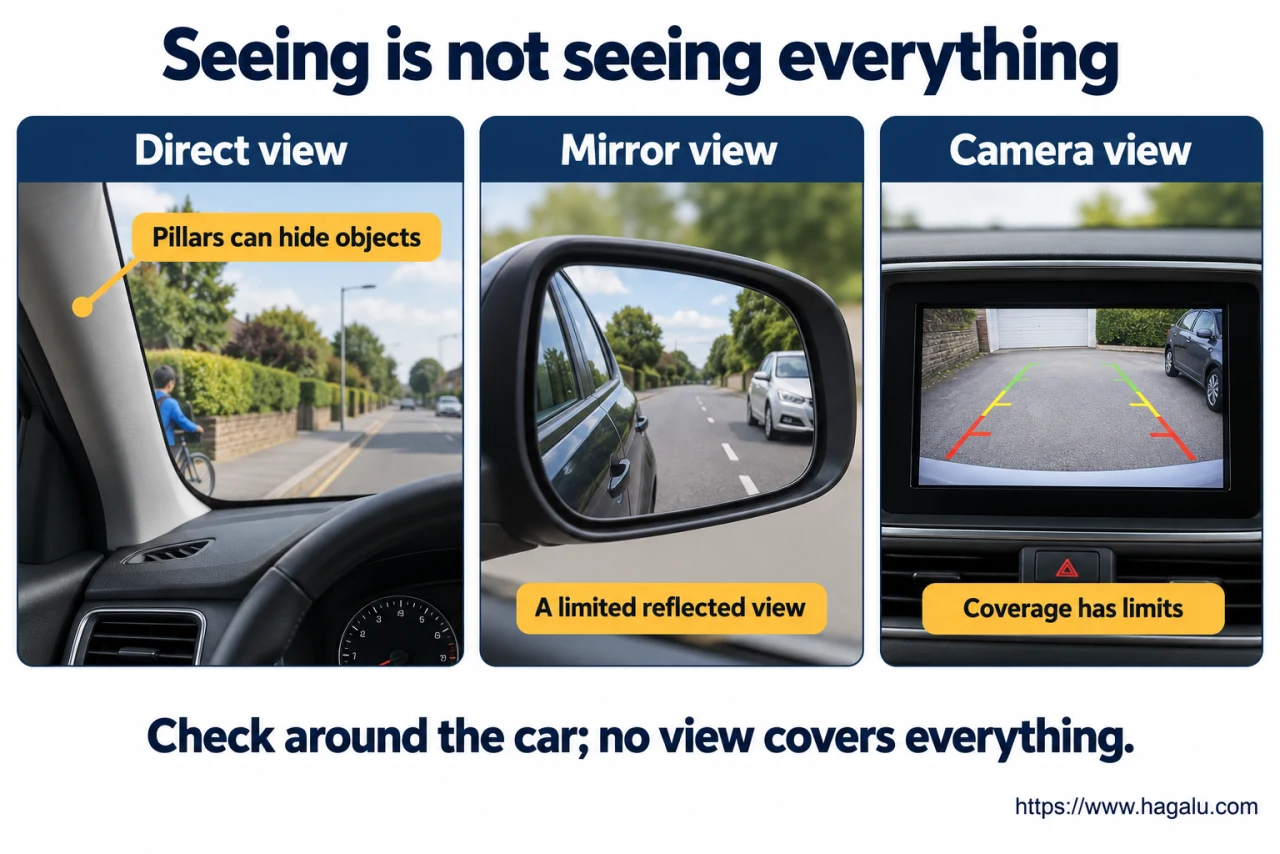 A camera can help you look, but it cannot turn the whole car into a transparent window. Simplified Hagalu educational illustration.