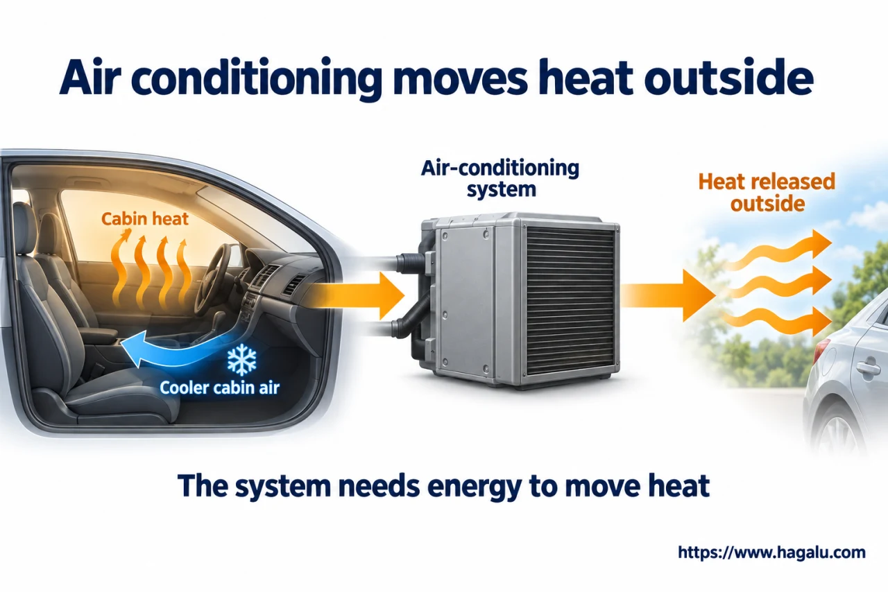 The system does not pour 'cold' into the car. It transfers heat away from the air you want to cool. Simplified Hagalu educational illustration.