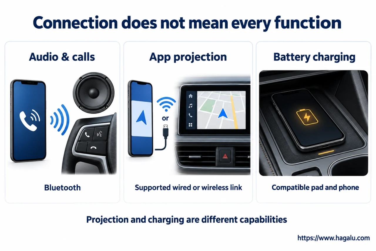 Connecting a phone for music does not mean its navigation apps appear on the screen, or that its battery is charging. Simplified Hagalu educational illustration.