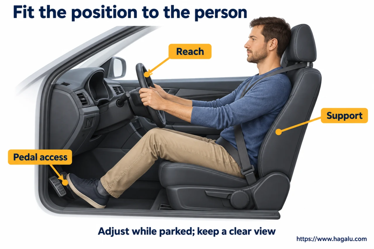 A comfortable seat lets you reach the controls without stretching or losing a clear view. Simplified Hagalu educational illustration.