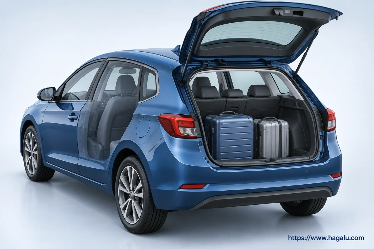 Family hatchback with its tailgate open and suitcases in the boot behind upright rear seats. Simplified Hagalu educational illustration.