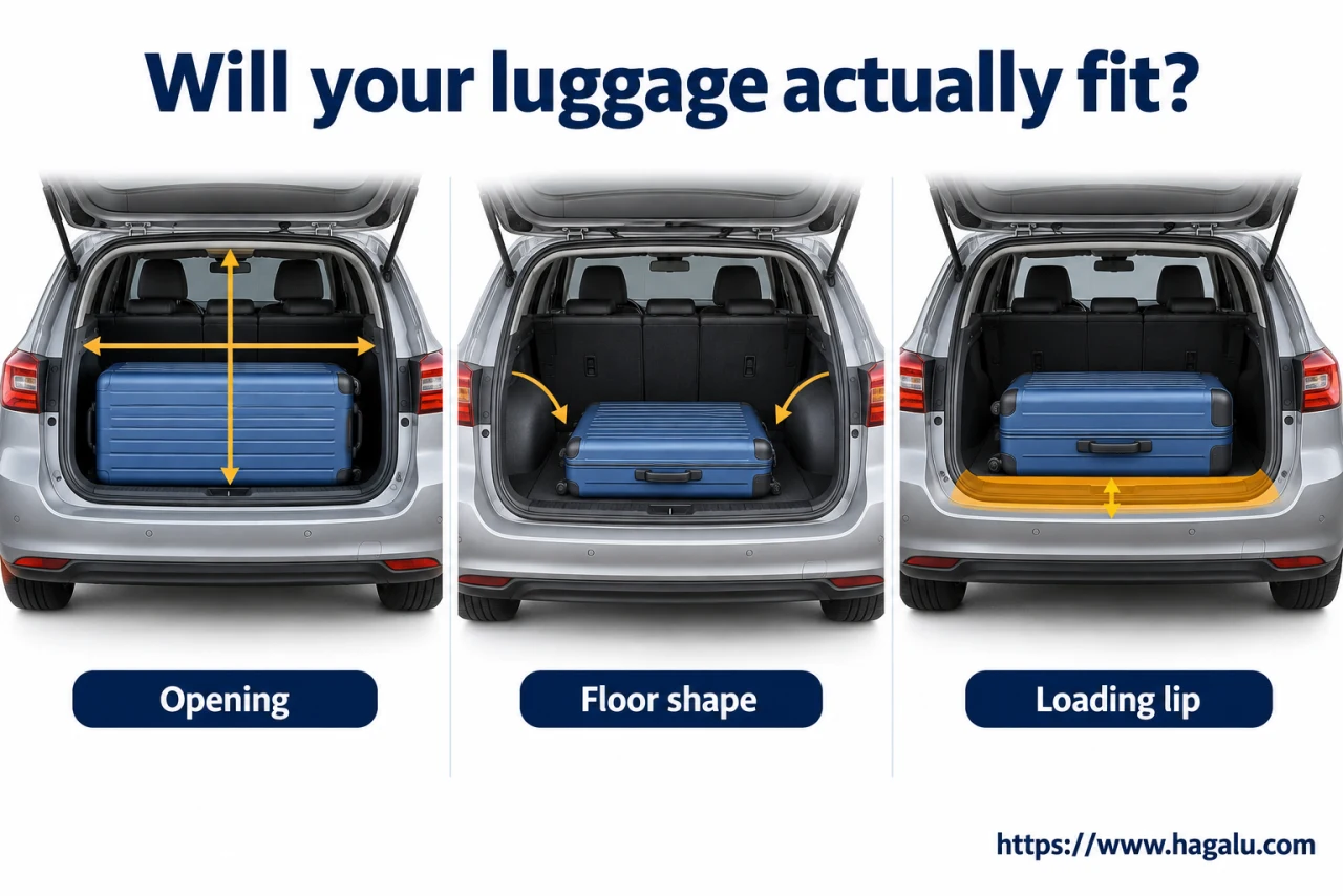 A tall narrow box and a wide shallow box can hold the same volume but fit different luggage. Simplified Hagalu educational illustration.