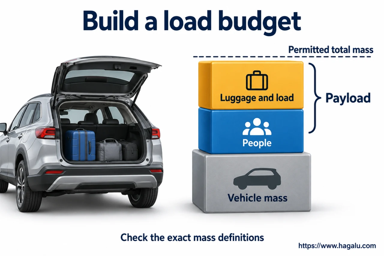 The loaded car has to stay below its permitted mass, including its passengers and luggage. Simplified Hagalu educational illustration.