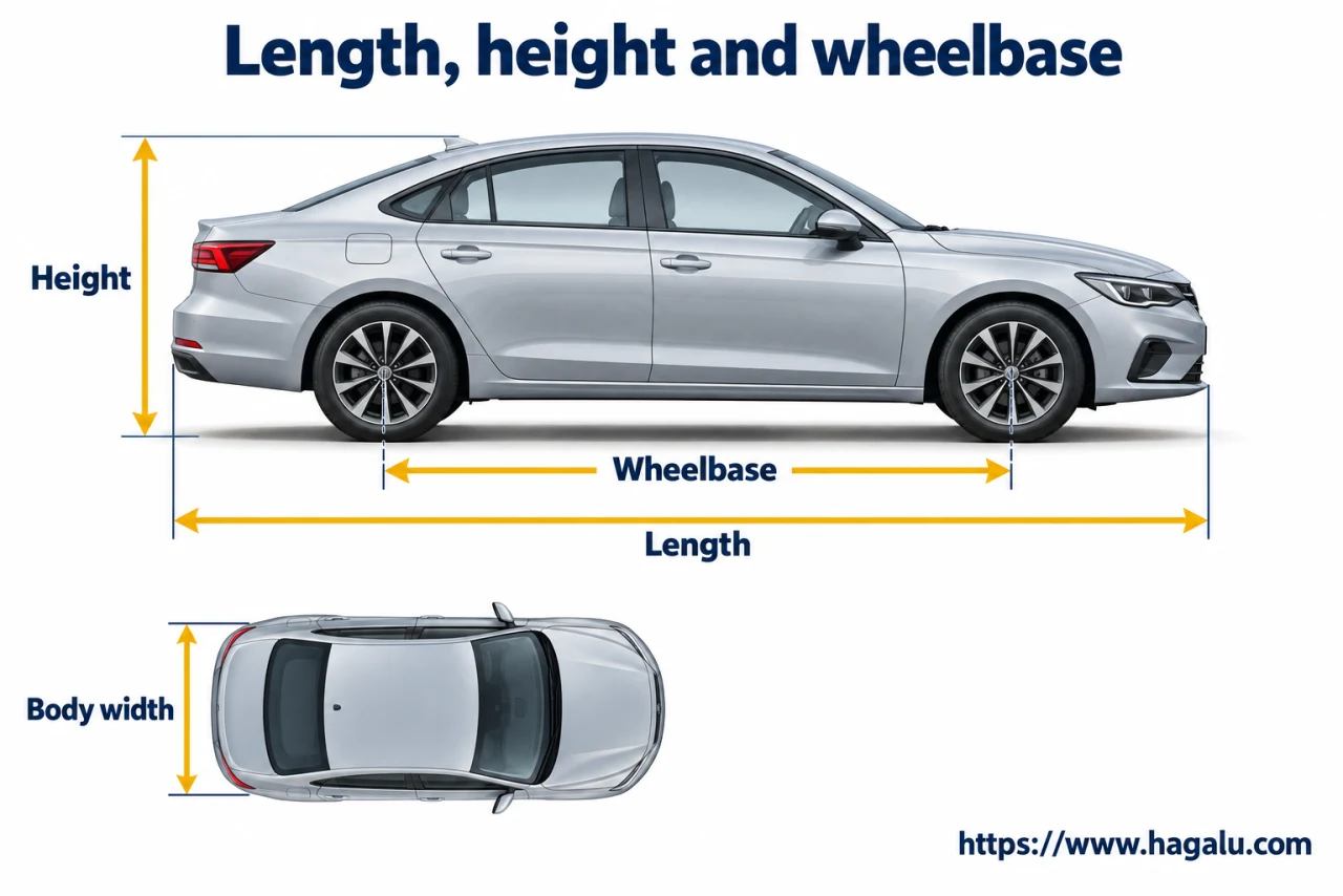 Length is nose to tail. Wheelbase is the distance between the front and rear axle centres. Simplified Hagalu educational illustration.