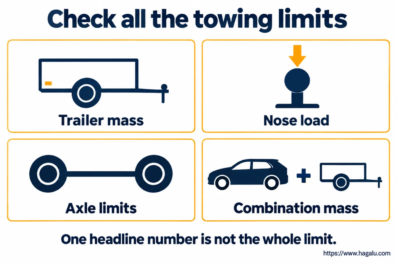 The trailer's load, the car's load and the weight pressing on the towball all have to fit their own rules. Simplified Hagalu educational illustration.