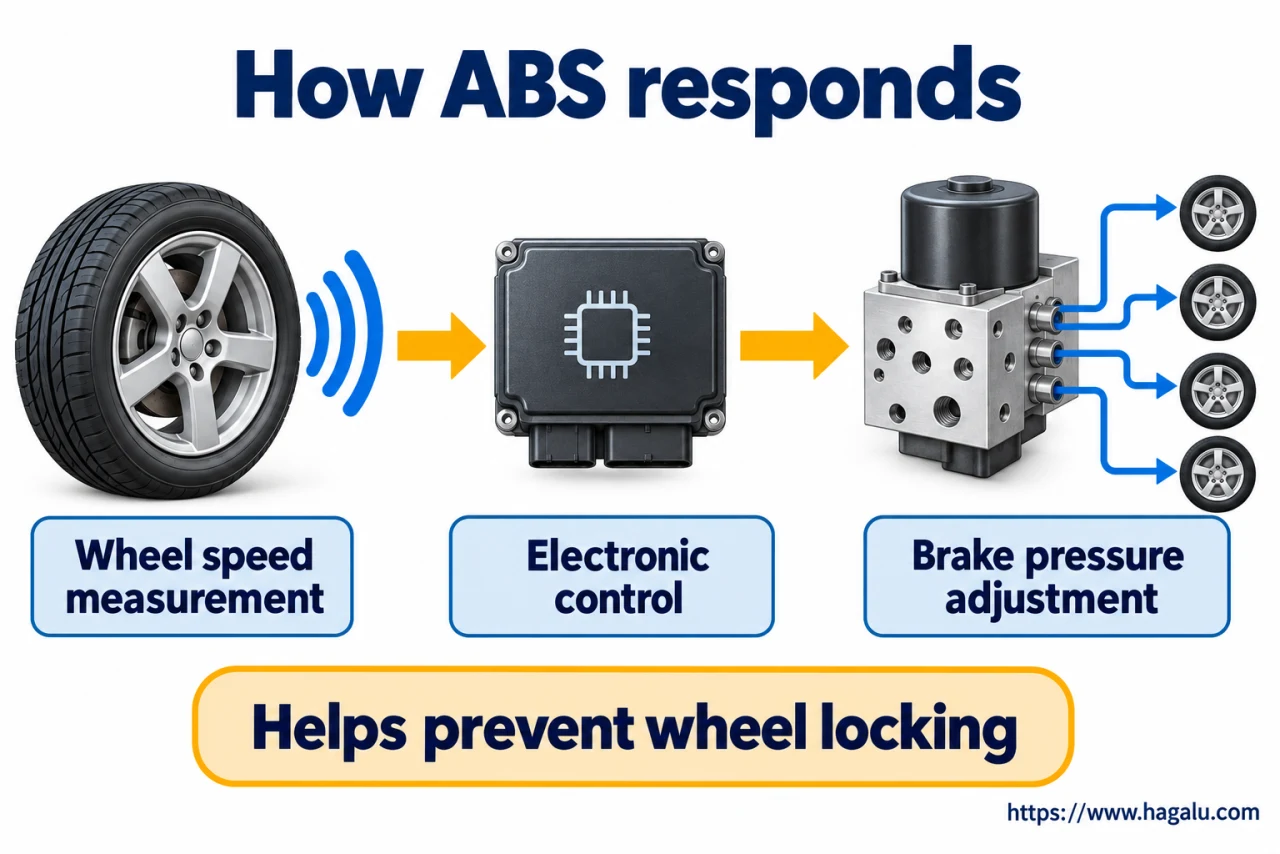 A locked wheel cannot roll normally. ABS adjusts braking pressure to help manage that situation. Simplified Hagalu educational illustration.
