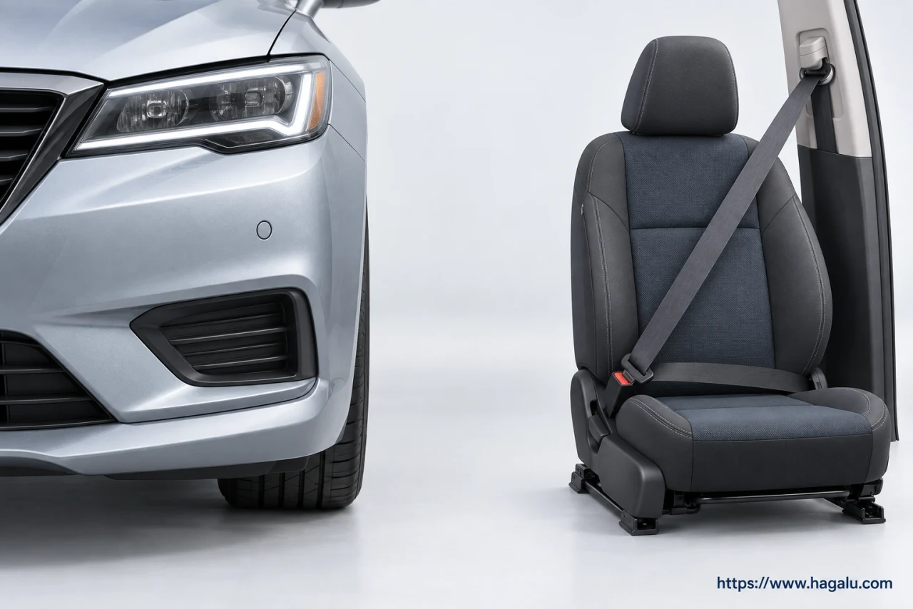 Separate examples of a bumper parking sensor and a seat with a three-point belt. Simplified Hagalu educational illustration.