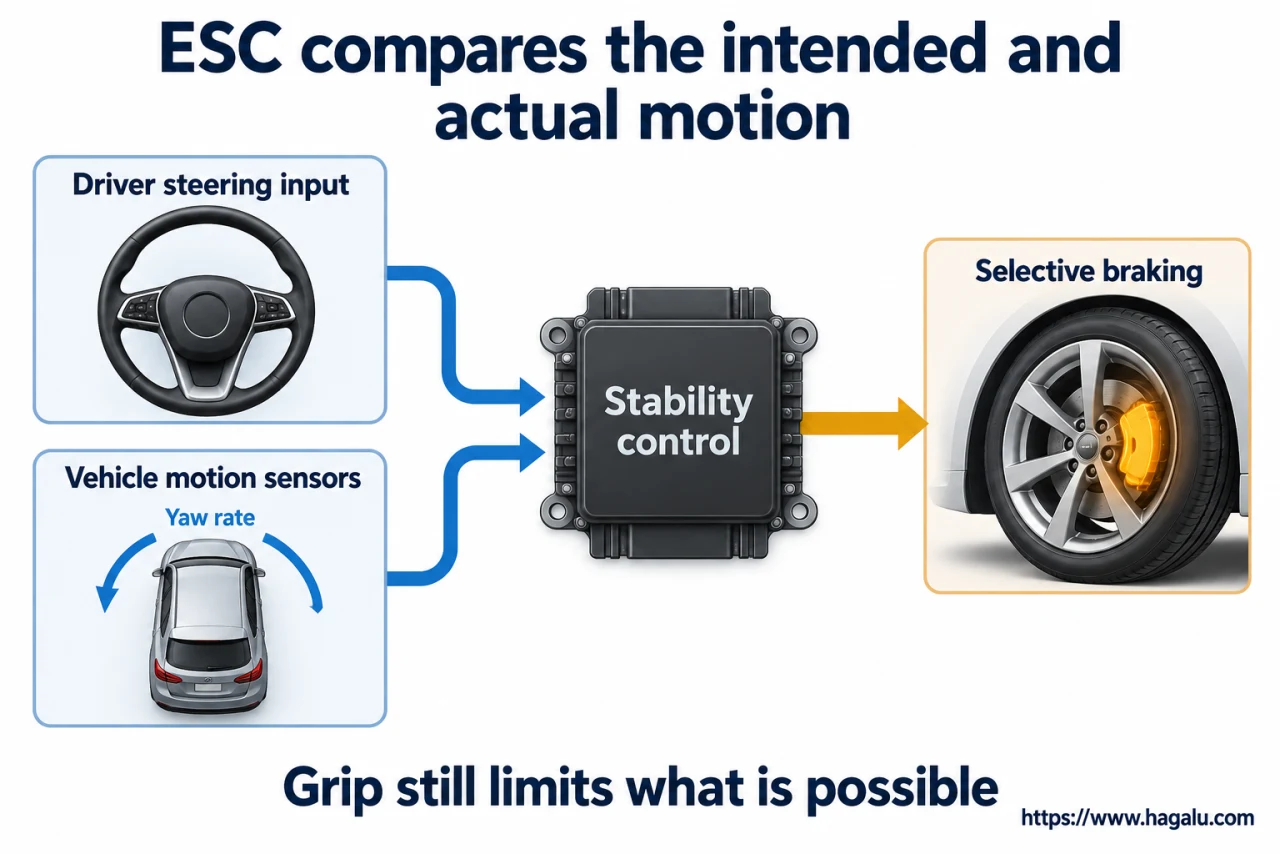 If the car starts moving differently from the direction you are asking for, stability control can try to help. Simplified Hagalu educational illustration.