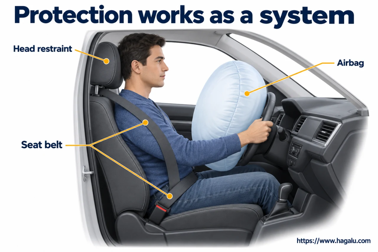 A seat belt holds you in the intended place; an airbag adds protection under conditions where it is designed to deploy. Simplified Hagalu educational illustration.
