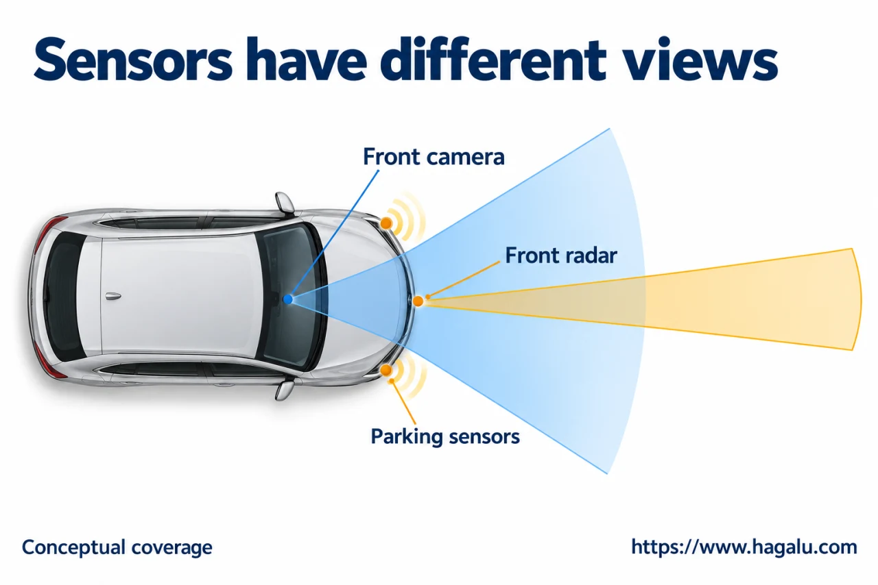The car has several helpers looking in different directions—not one all-seeing eye. Simplified Hagalu educational illustration.