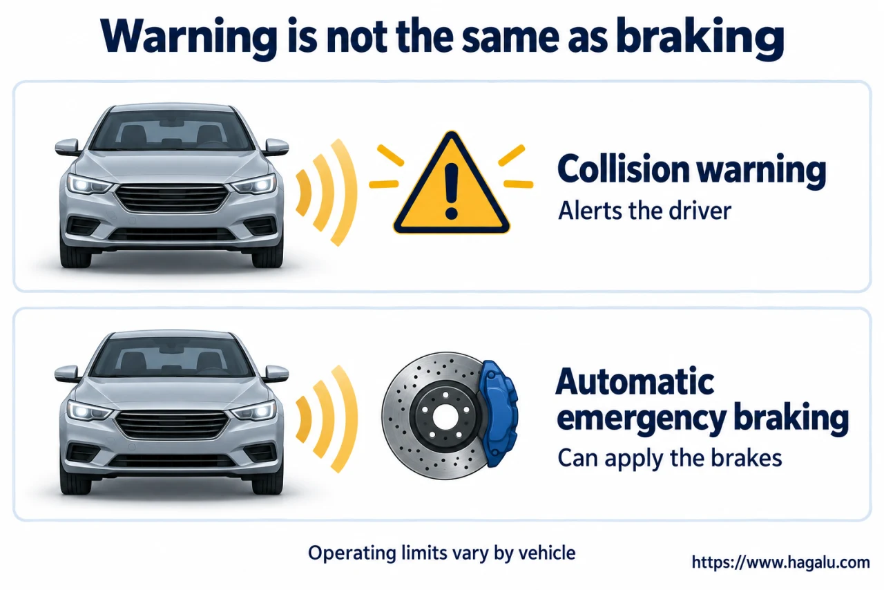 One system says 'look out'; another may also apply the brakes. Simplified Hagalu educational illustration.