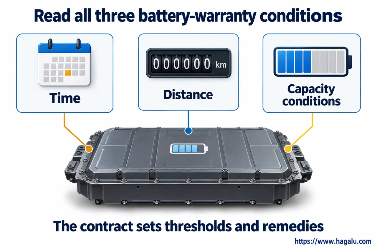 A battery can still work while storing less energy. The contract decides which loss of capacity is covered. Simplified Hagalu educational illustration.
