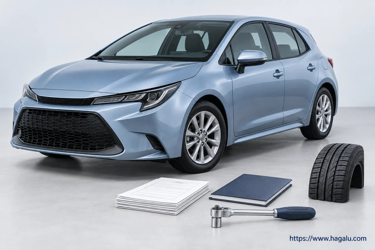 Family car beside blank service records, a tyre sample and a socket wrench. Simplified Hagalu educational illustration.