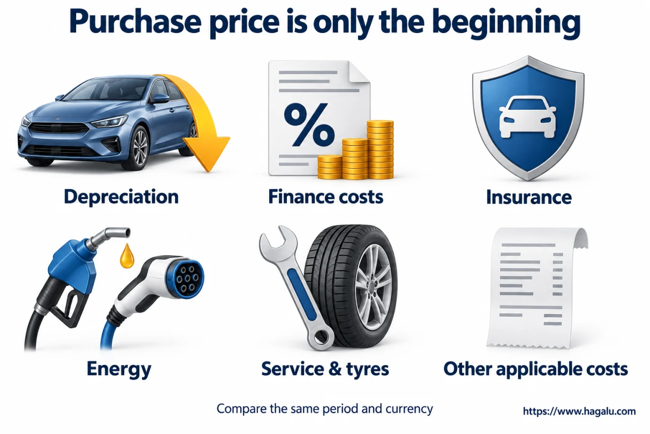 Owning the car costs more than paying for the car. Simplified Hagalu educational illustration.