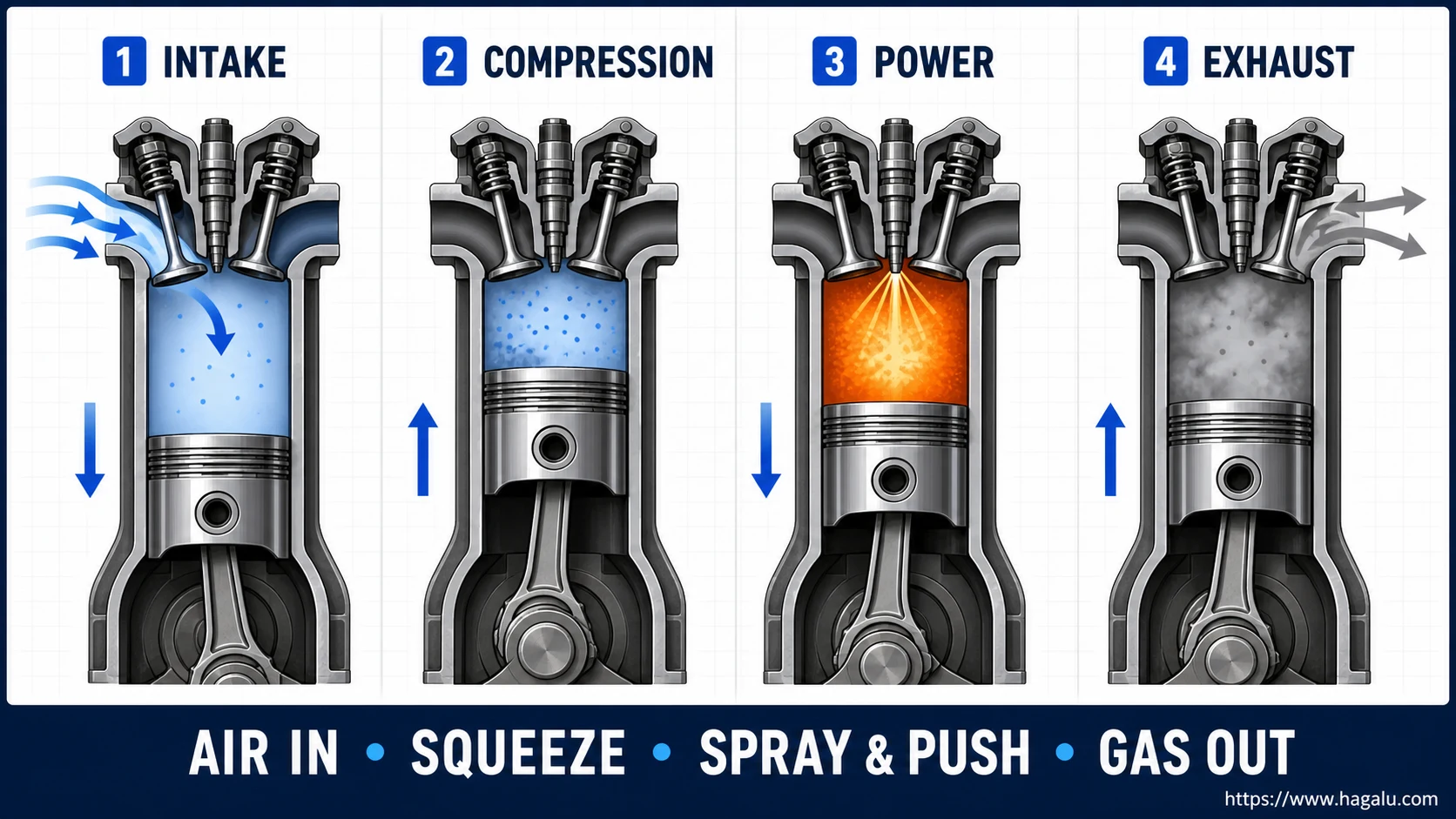 Four cutaway diesel-cylinder panels showing intake, compression, fuel injection and power, then exhaust