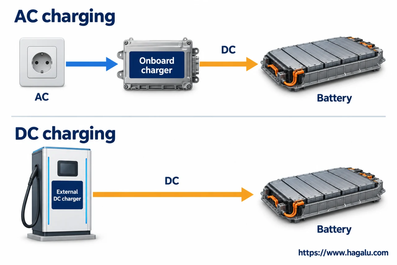 With AC charging, the car's onboard charger does the conversion. With DC charging, that conversion happens in the charging equipment. Simplified Hagalu educational illustration.
