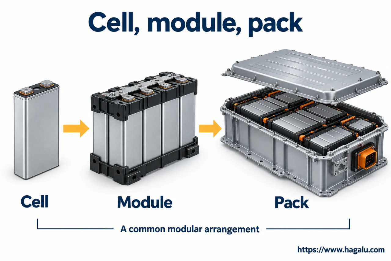 Small cells are grouped into a battery system. The driver normally cannot use every bit of its total stored energy. Simplified Hagalu educational illustration.