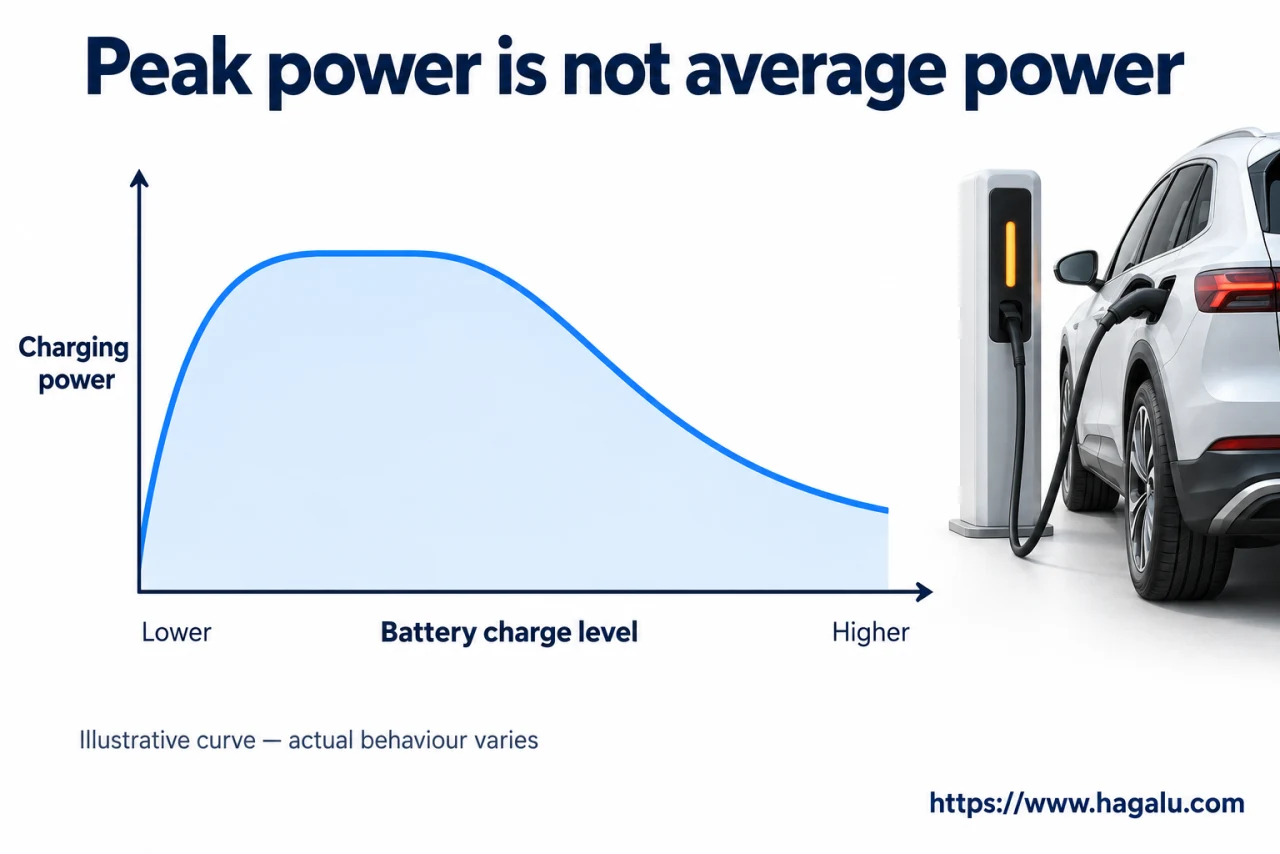 A peak is the fastest moment. Your whole charging stop includes slower moments too. Simplified Hagalu educational illustration.