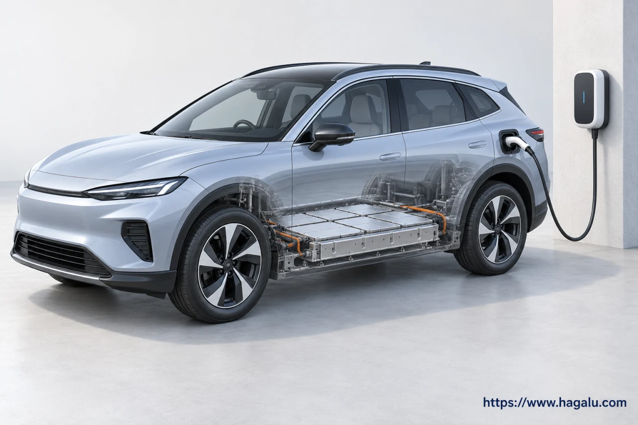 Electric car with an underfloor battery pack and an external charging connection. Simplified Hagalu educational illustration.