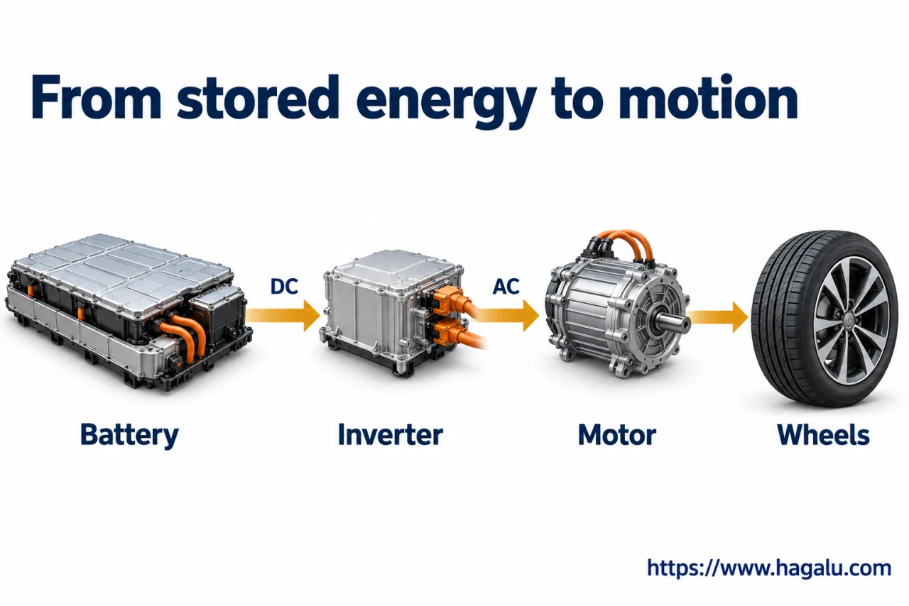 The battery stores energy, electronics control it, and the motor turns it into movement. Simplified Hagalu educational illustration.