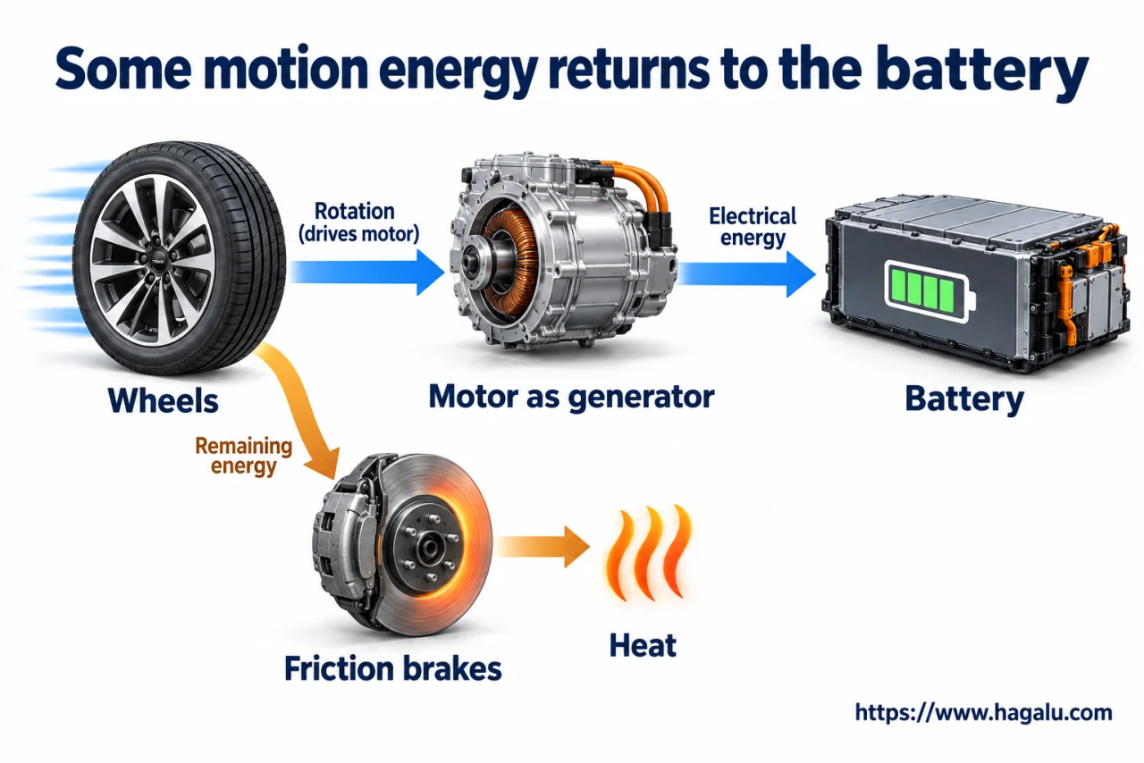 During slowing, the motor can work as a generator and put some energy back into the battery. Simplified Hagalu educational illustration.