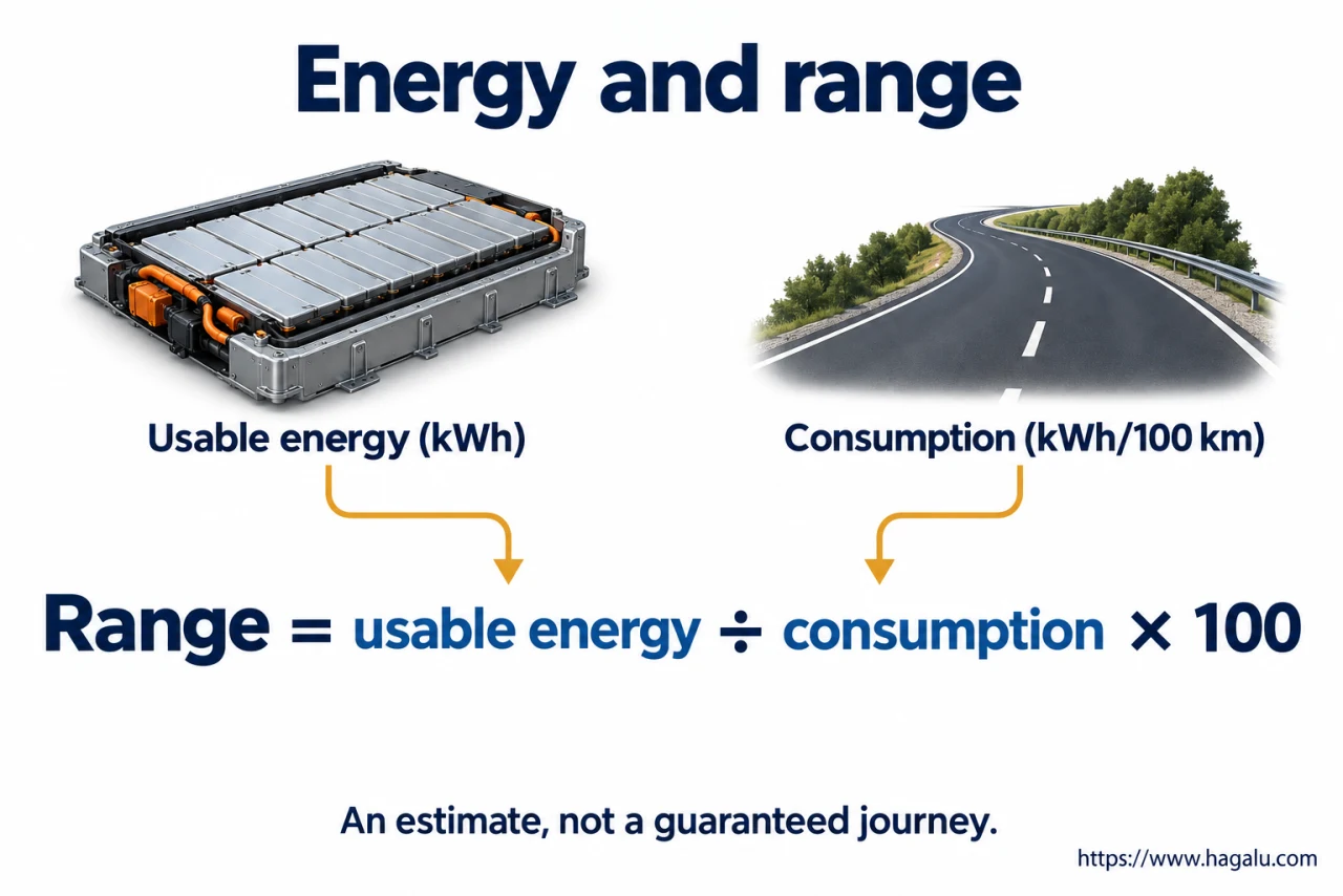Divide the energy you can use by how much the car needs for each kilometre. Simplified Hagalu educational illustration.