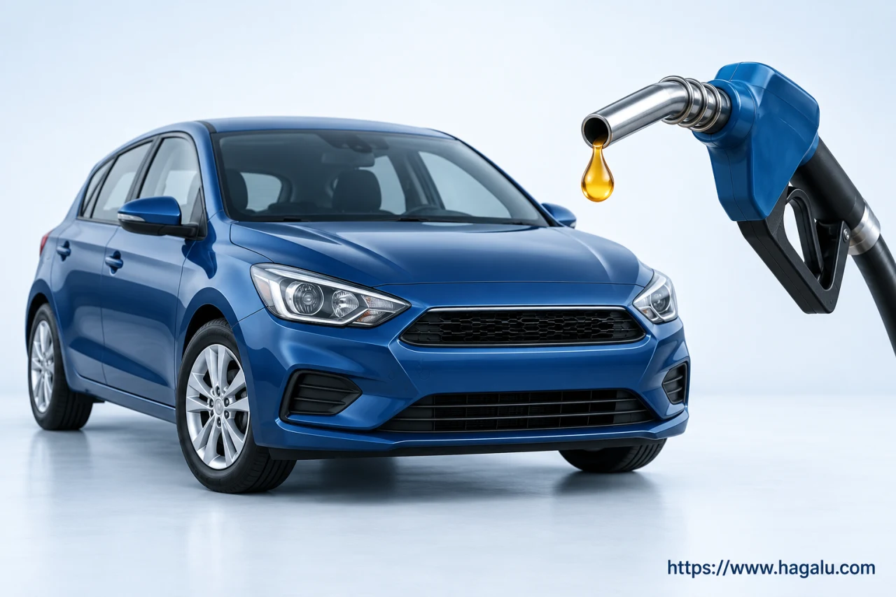 Compact car beside a fuel nozzle and a symbolic fuel drop. Simplified Hagalu educational illustration.