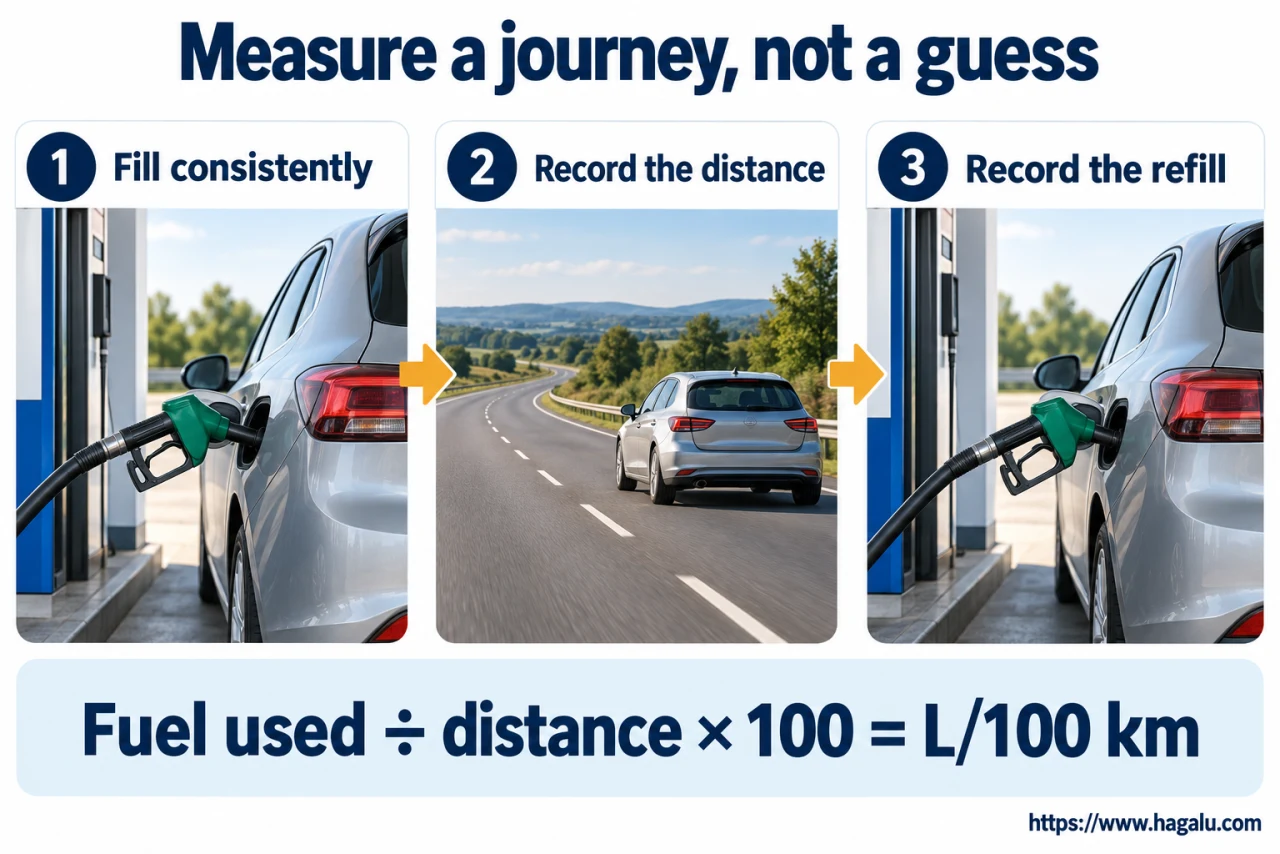 Count what went into the tank and how far the car went, not the number of bars on the fuel gauge. Simplified Hagalu educational illustration.