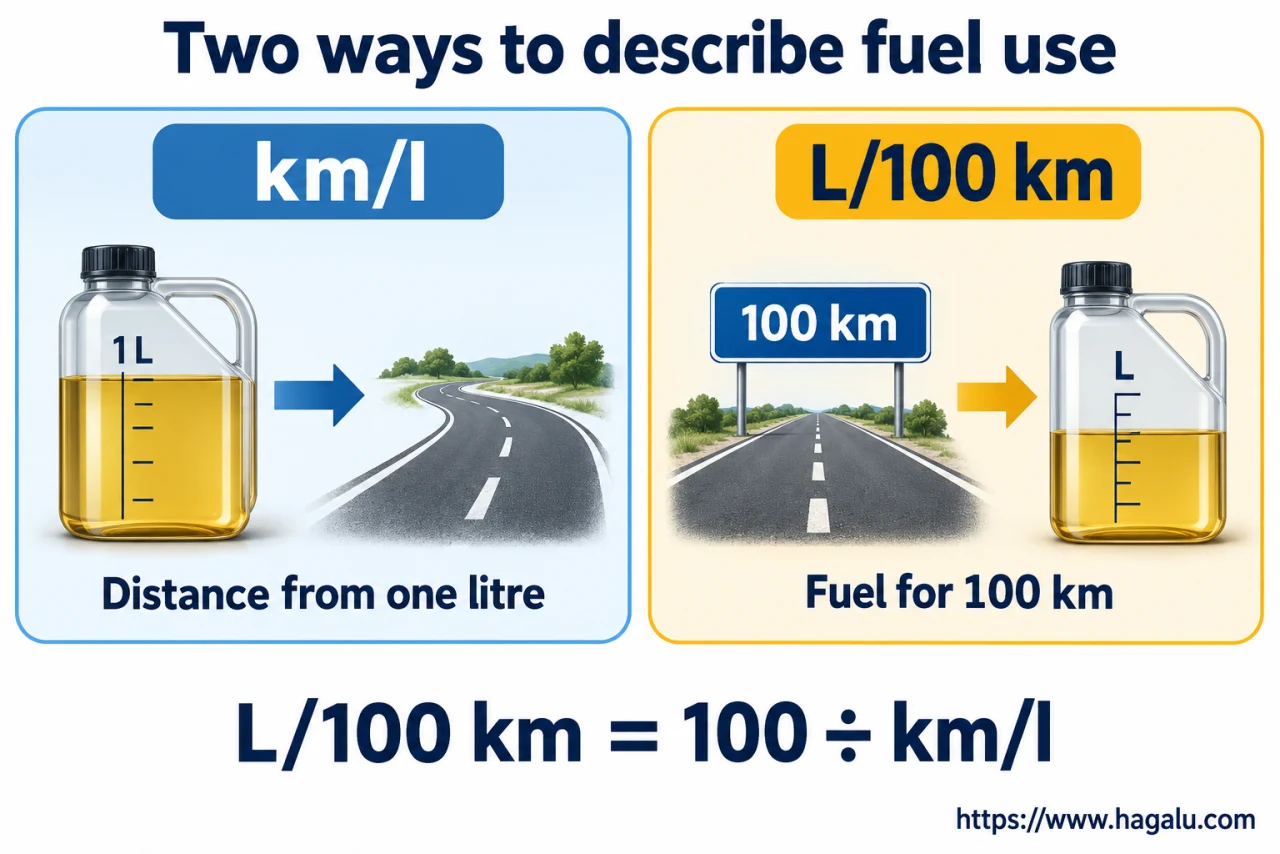 More kilometres from one litre is better; fewer litres for the same distance is better. Simplified Hagalu educational illustration.
