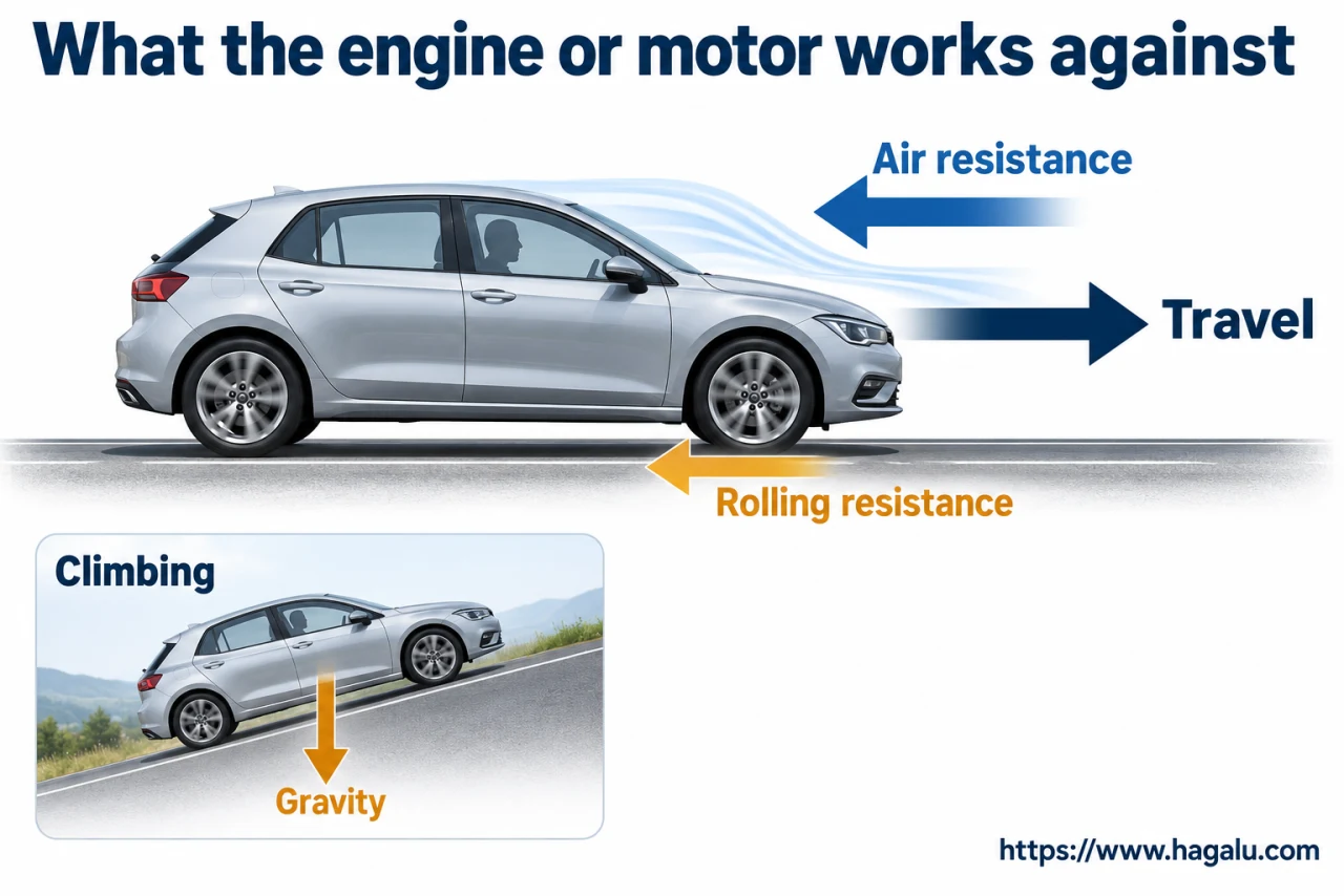 The engine is not only moving the car. It is also overcoming the road, pushing air aside and powering the things you switch on. Simplified Hagalu educational illustration.