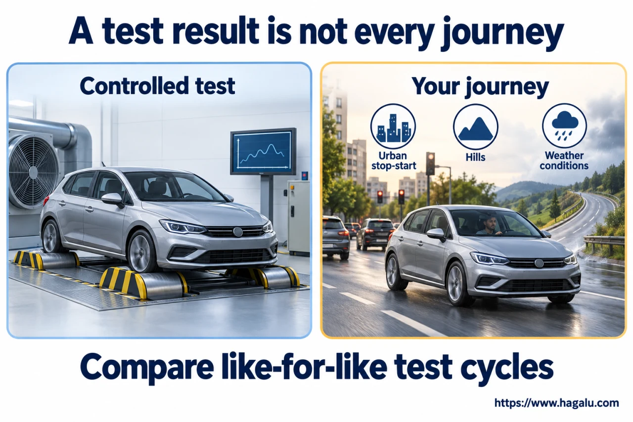 Two cars running the same test can be compared more fairly, but your road is not the test track. Simplified Hagalu educational illustration.