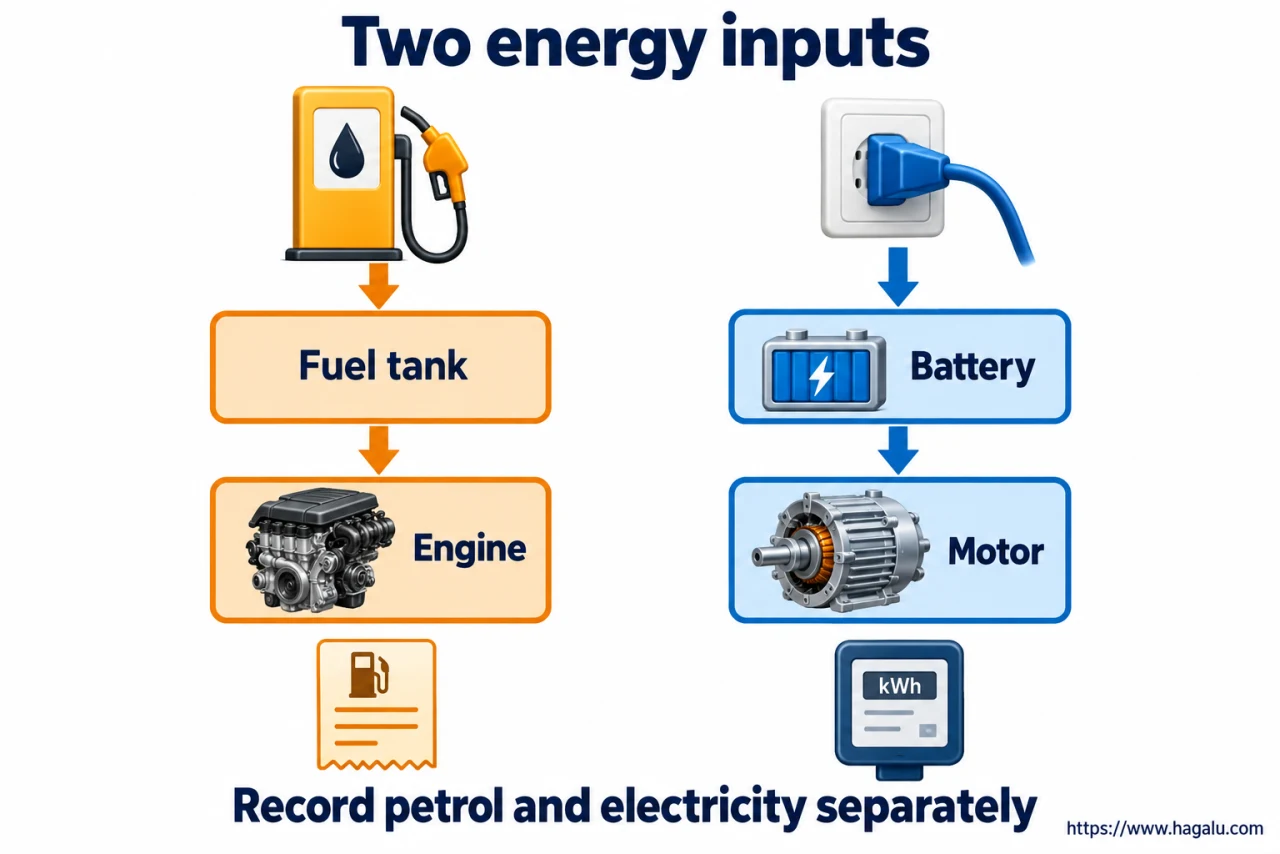 A journey using electricity and petrol has two inputs, even when the petrol gauge hardly moves. Simplified Hagalu educational illustration.