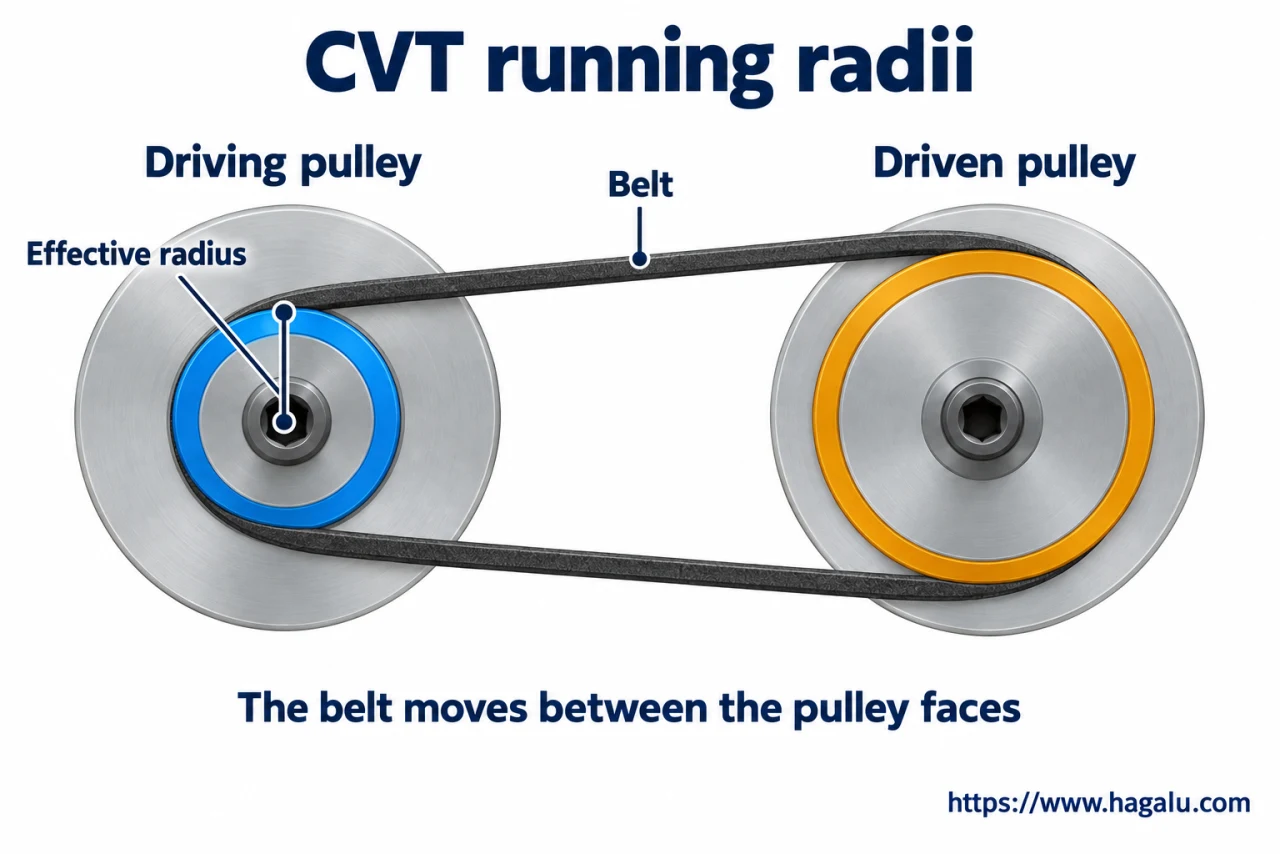 A pulley CVT changes its effective ratio without stepping through fixed gears. Simplified Hagalu educational illustration.