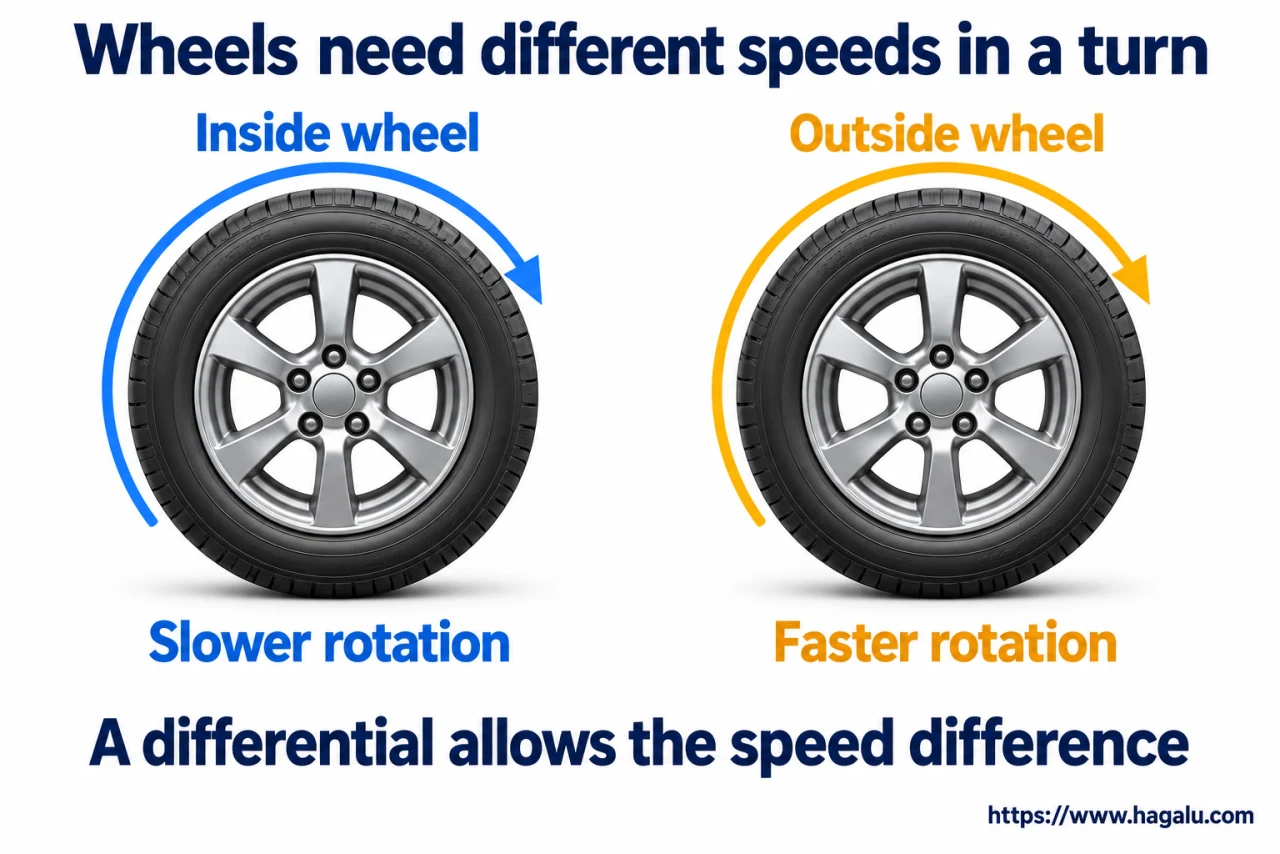 The outside wheel travels farther around a bend, so the two wheels need different speeds. Simplified Hagalu educational illustration.