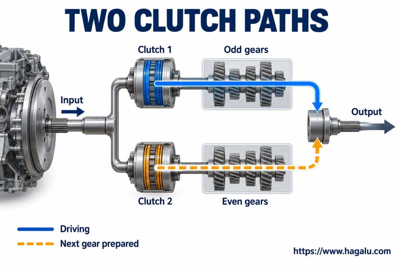 A dual-clutch transmission prepares another gear on a second input path. Simplified Hagalu educational illustration.