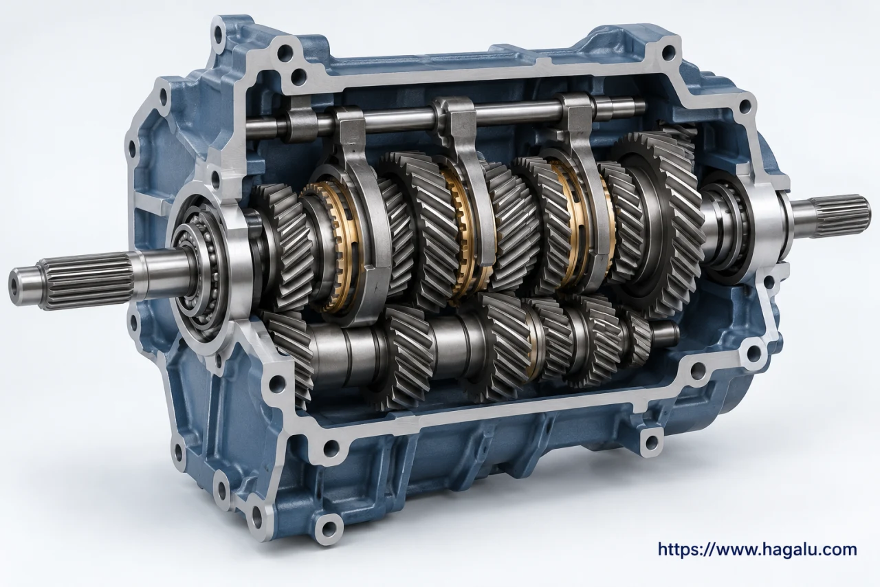 Manual gearbox cutaway showing parallel shafts and meshing gear pairs. Simplified Hagalu educational illustration.