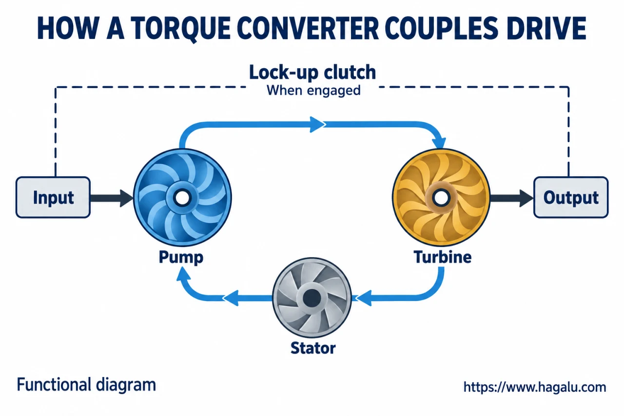 Fluid lets the engine and gearbox connect smoothly while the car starts moving. Simplified Hagalu educational illustration.