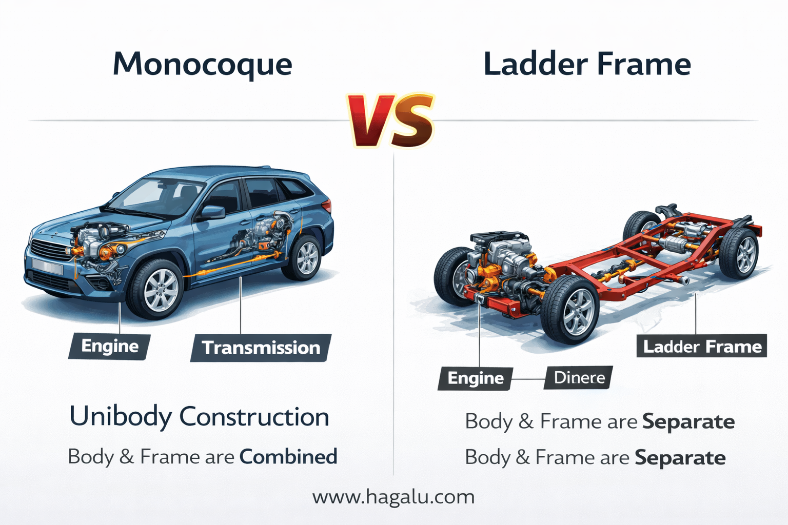 Side-by-side diagram of monocoque unibody construction versus ladder frame chassis showing how body and frame are combined versus separate