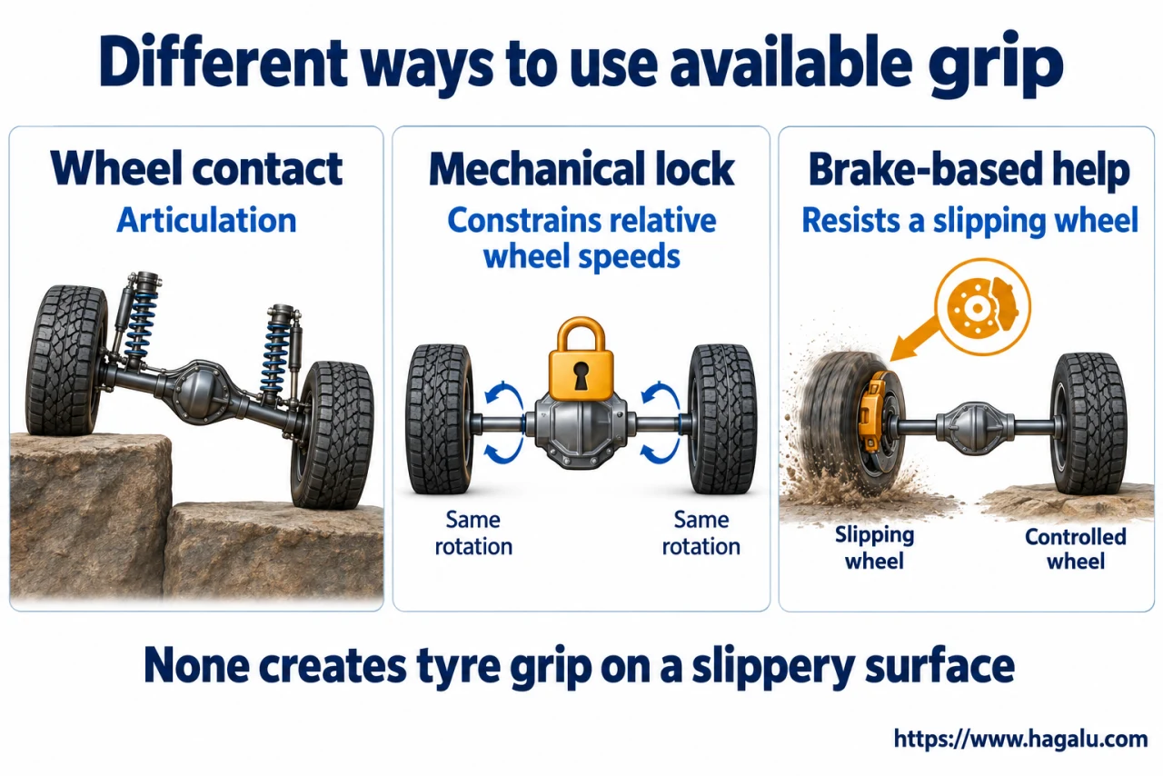 Keeping tyres in contact helps—but tyres still need a surface they can grip. Simplified Hagalu educational illustration.