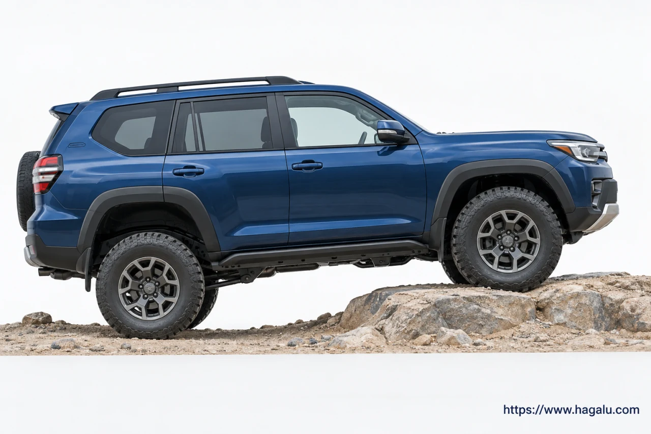 Generic SUV on a small dry rock step, illustrating underbody clearance and terrain geometry. Simplified Hagalu educational illustration.