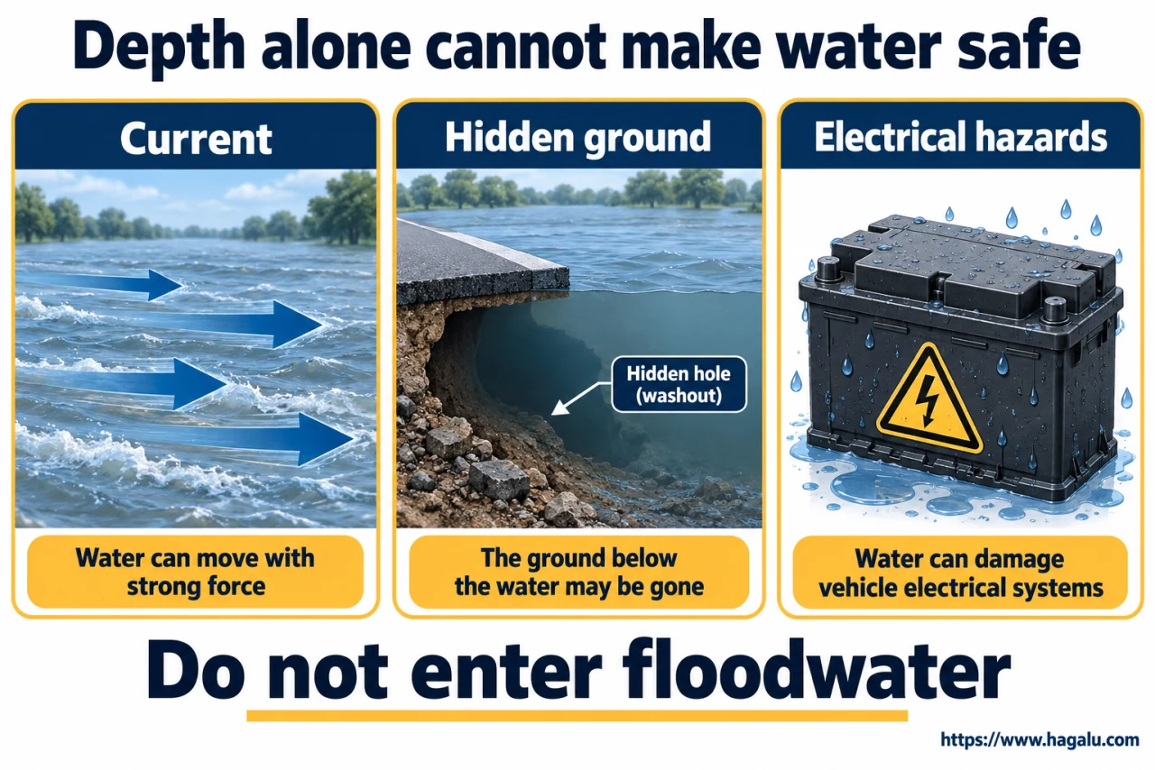 Depth alone cannot tell you how fast water is flowing or whether the road is still underneath it. Simplified Hagalu educational illustration.