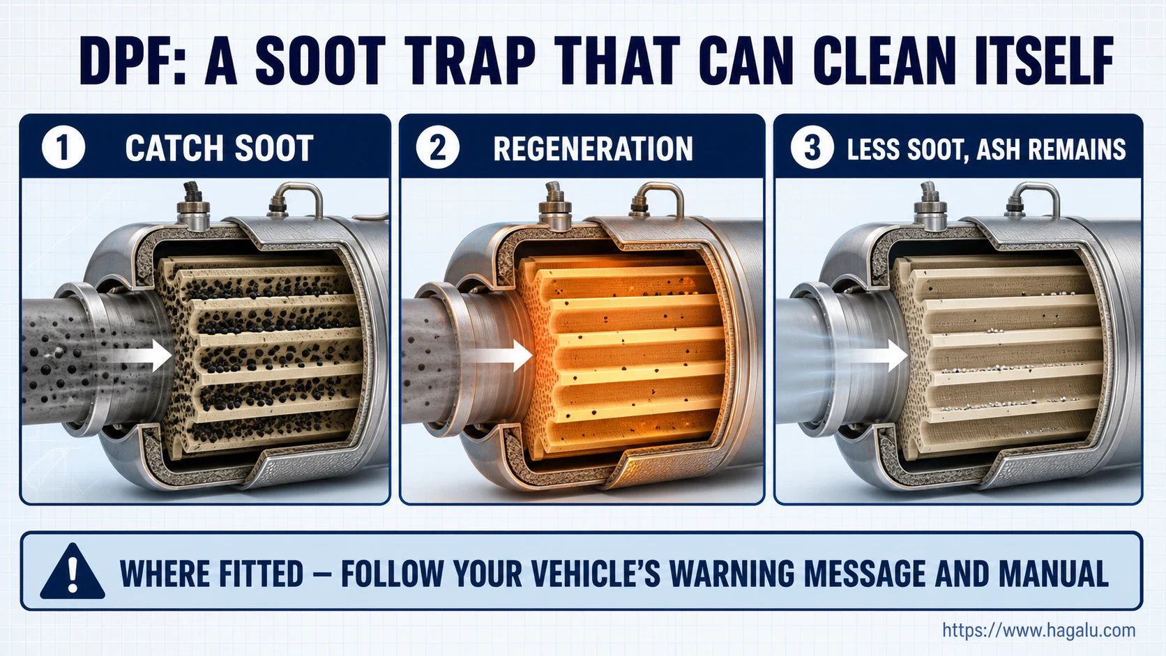 Three-stage DPF cutaway showing soot being trapped, controlled regeneration heat reducing soot, and a small amount of ash remaining