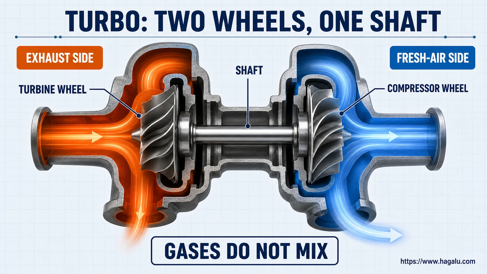 Turbocharger cutaway with a hot exhaust-side turbine and a separate fresh-air compressor connected by one central shaft