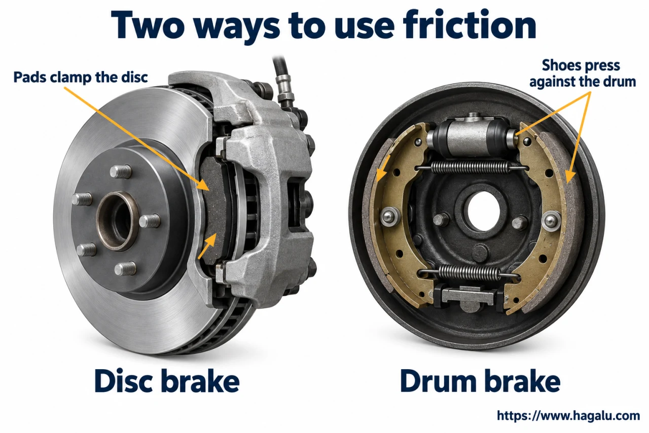 A disc is squeezed by pads; a drum is pressed from inside by shoes. Simplified Hagalu educational illustration.