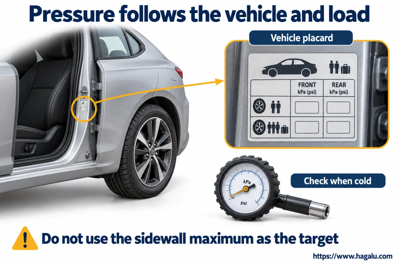Use the car's specified pressure for its load—not the maximum number moulded on the tyre. Simplified Hagalu educational illustration.