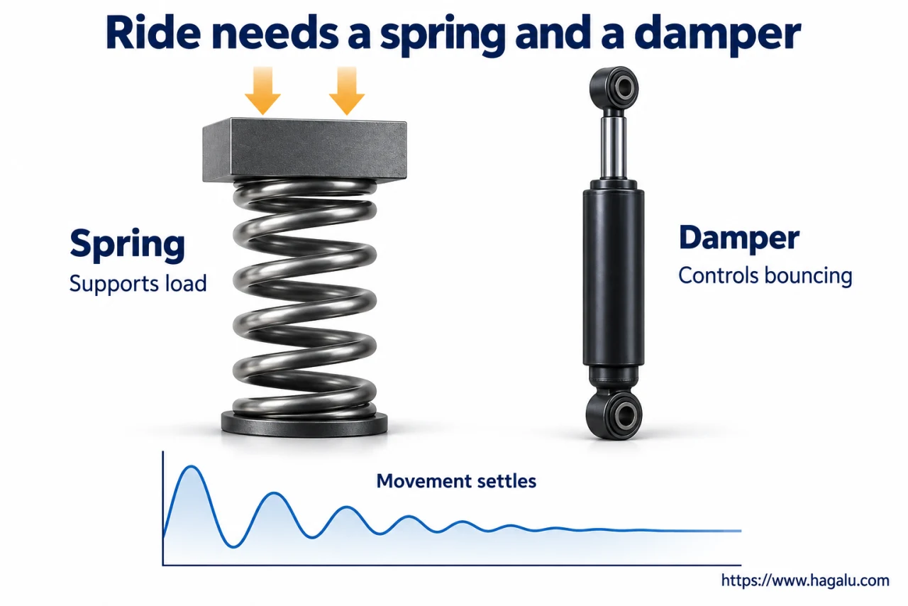 A spring can bounce. A damper helps stop the bouncing from continuing. Simplified Hagalu educational illustration.