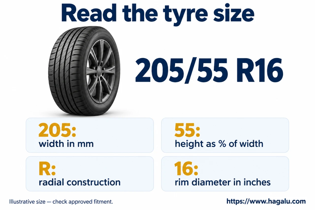 The three size numbers mix millimetres, a percentage and inches. Simplified Hagalu educational illustration.