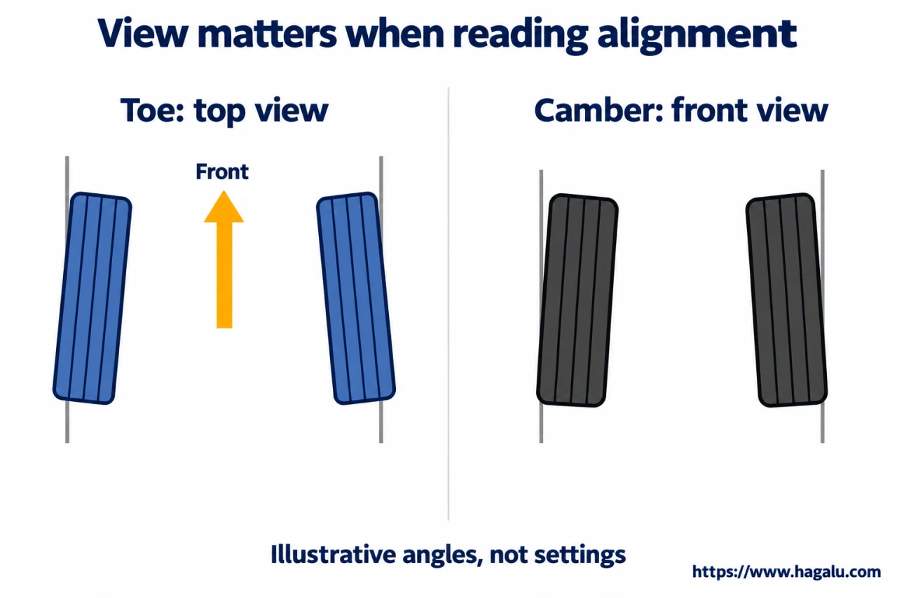 A wheel can lean, point slightly inward or outward, and steer around an inclined axis. Simplified Hagalu educational illustration.